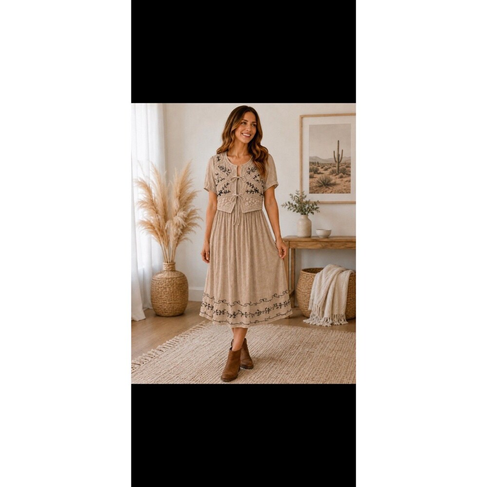 Vintage MPH Embroidered Tan And Black Dress Size Small